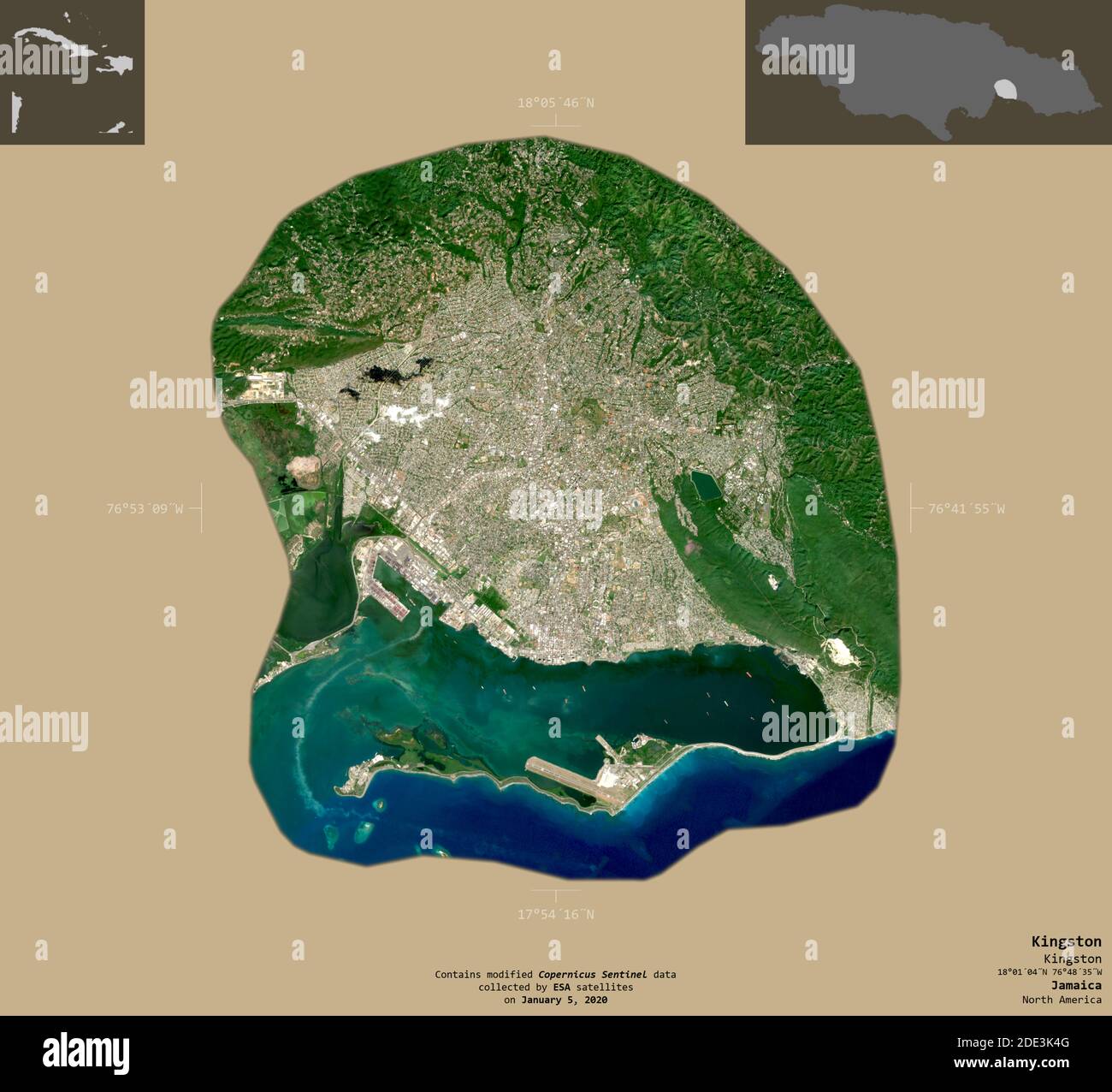 Kingston, parish of Jamaica. Sentinel2 satellite imagery. Shape