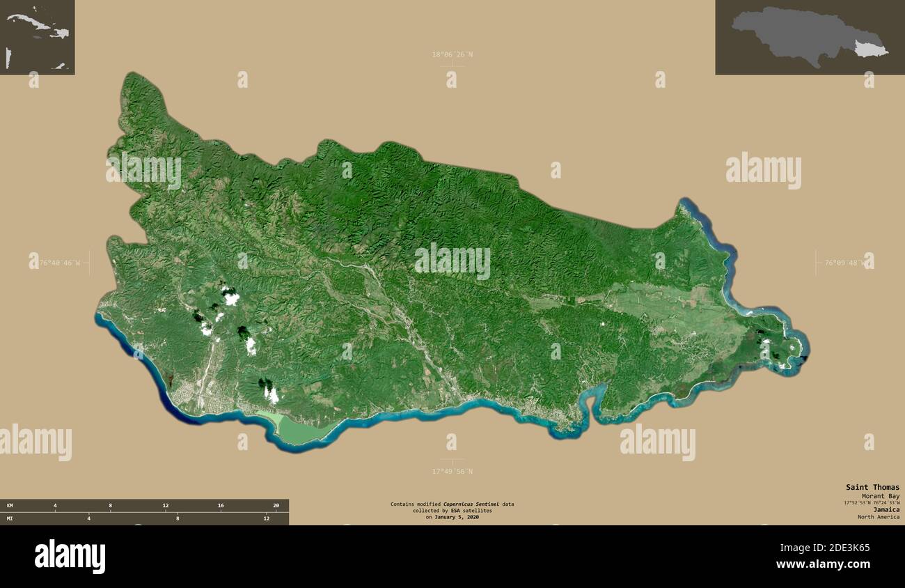 Saint Thomas, parish of Jamaica. Sentinel2 satellite imagery. Shape