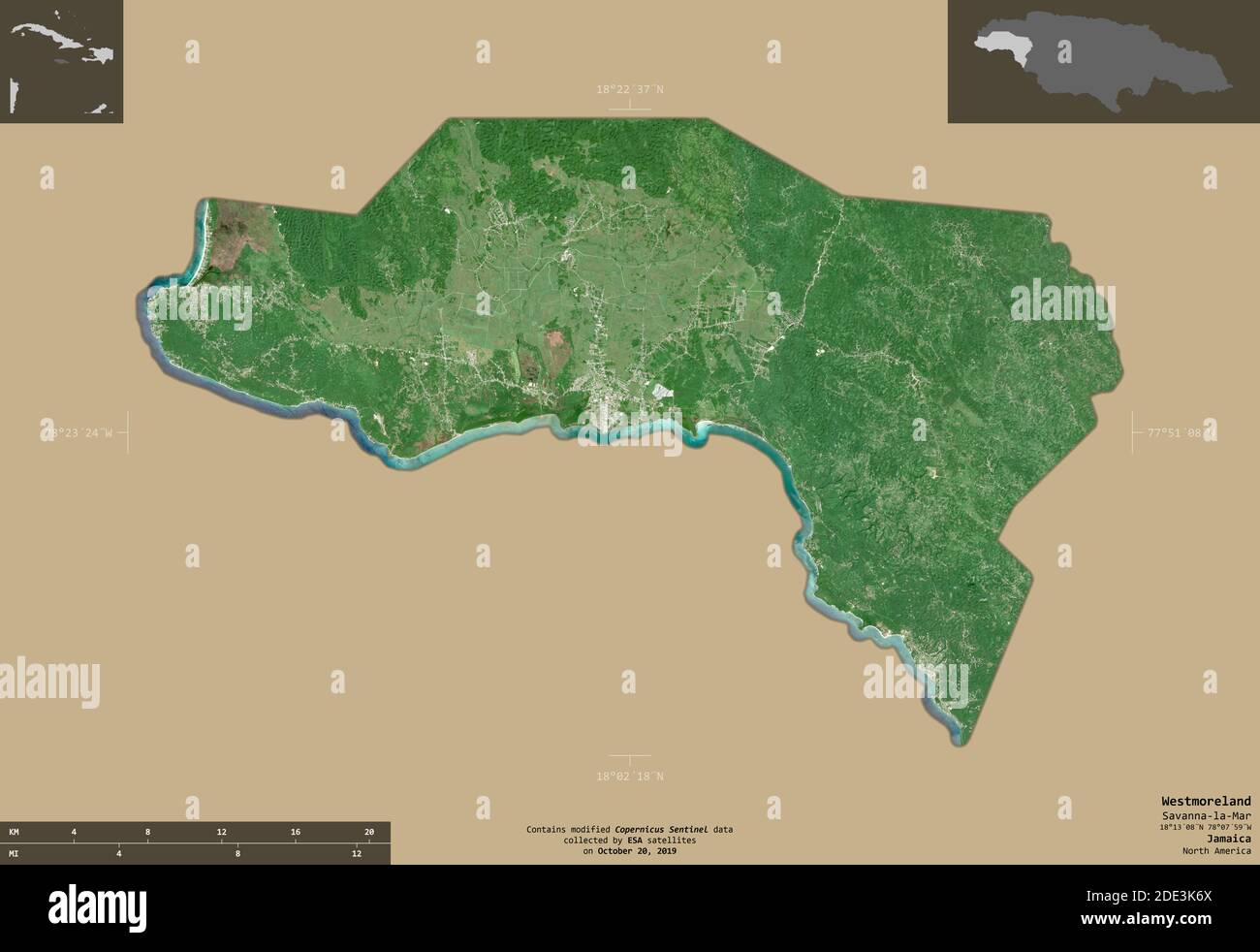 Westmoreland, parish of Jamaica. Sentinel-2 satellite imagery. Shape isolated on solid background with informative overlays. Contains modified Coperni Stock Photo