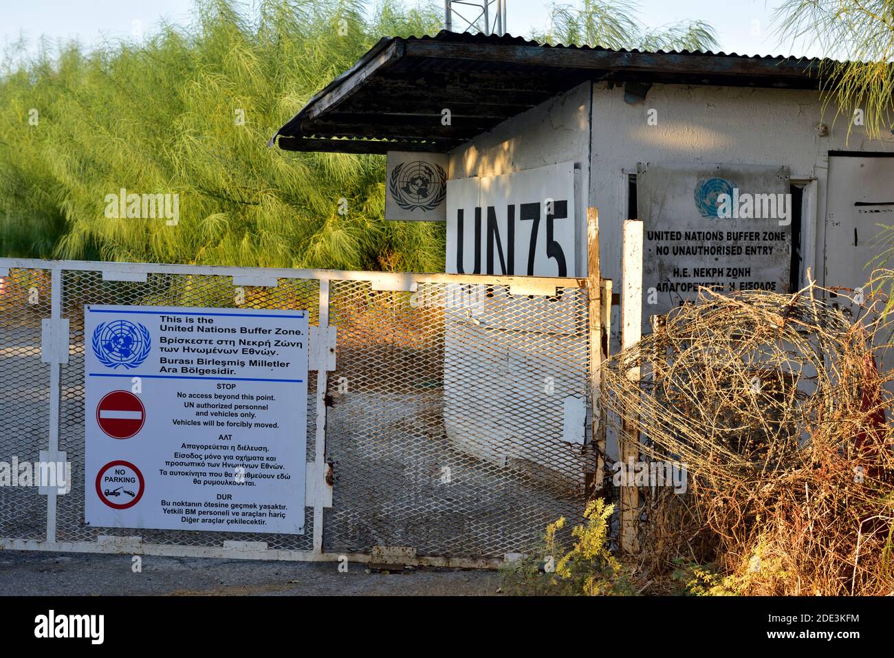 Gate by UN Buffer zone separating Greek South Nicosia to Turkish North Nicosia, Cyprus Stock Photo