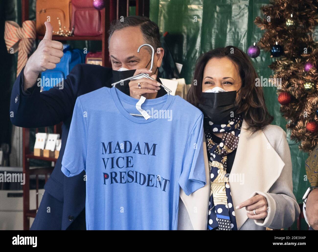 Washington, United States. 28th Nov, 2020. Vice President Elect Kamala Harris and her husband Doug Emhoff buy a shirt that reads, 'Madam Vice President' on it at the Downtown Holiday Market on small business Saturday in Washington, DC on Saturday, November 28, 2020. Photo by Kevin Dietsch/UPI Credit: UPI/Alamy Live News Stock Photo