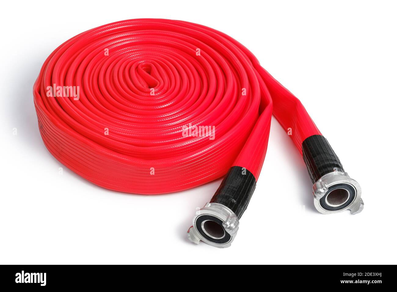 Rolled red fire hose isolated on the white background. Stock Photo