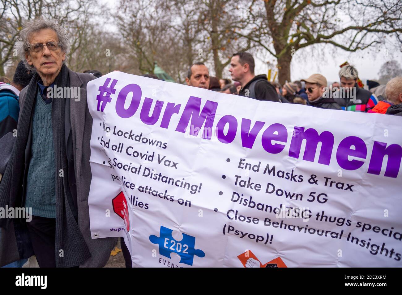 Piers Corbyn leading an anti lockdown protest march in Hyde Park, London, UK, carrying an Our Movement banner. Anti vaccine, anti 5G, anti mask Stock Photo