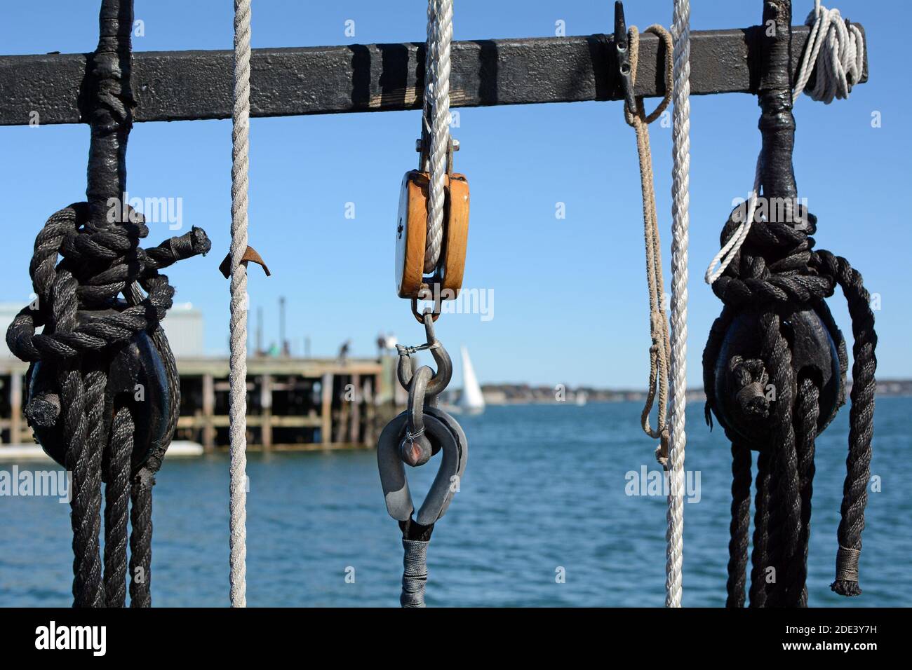 Vintage Sailboat Rigging Lines, Block and Tackle Stock Photo