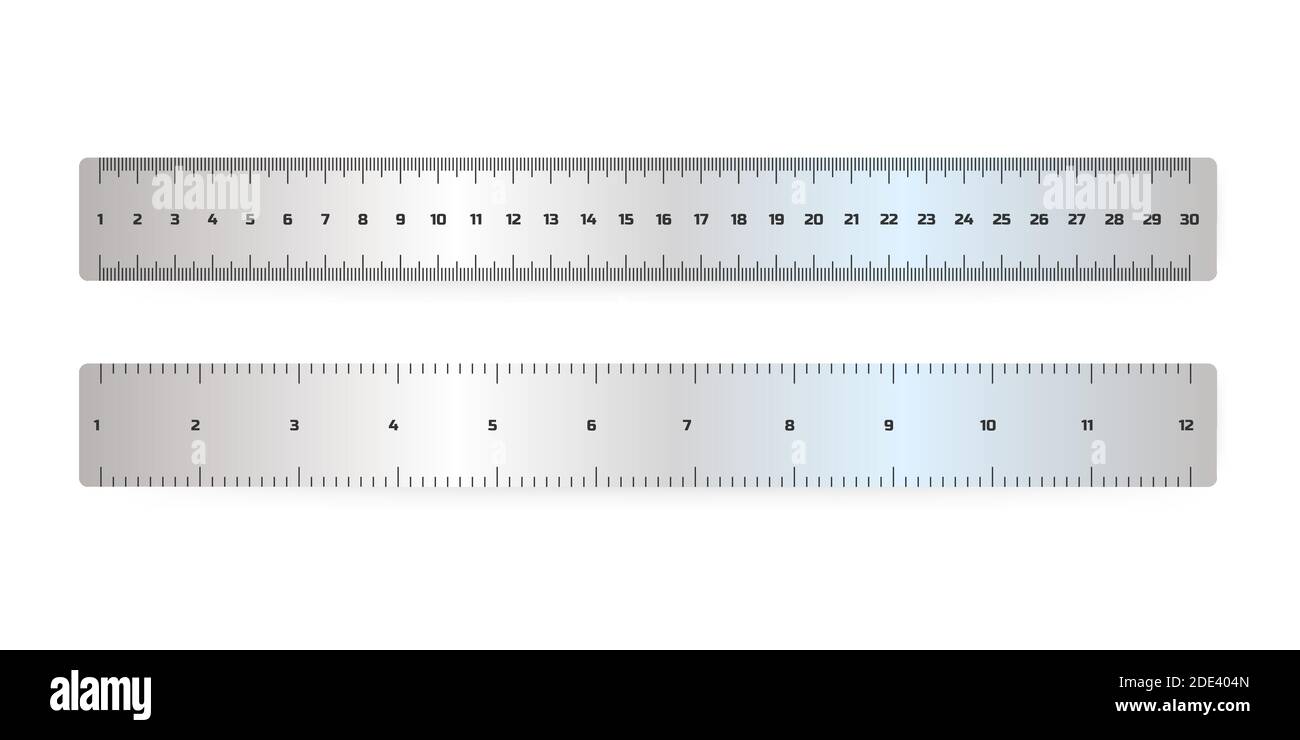 Realistic metal ruler measuring scale. Vector markup for 15 inches 30 centimeters rulers, metal measure tool cm meter instrument. Vector illustration. Stock Vector