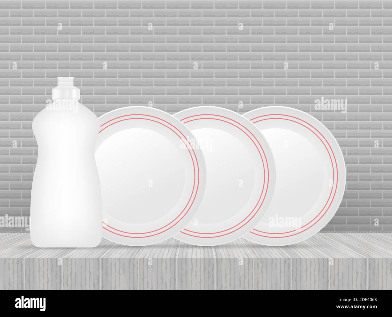 Dishwashing, washing dishes. Dishwashing liquid, dishes. Vector stock illustration Stock Vector