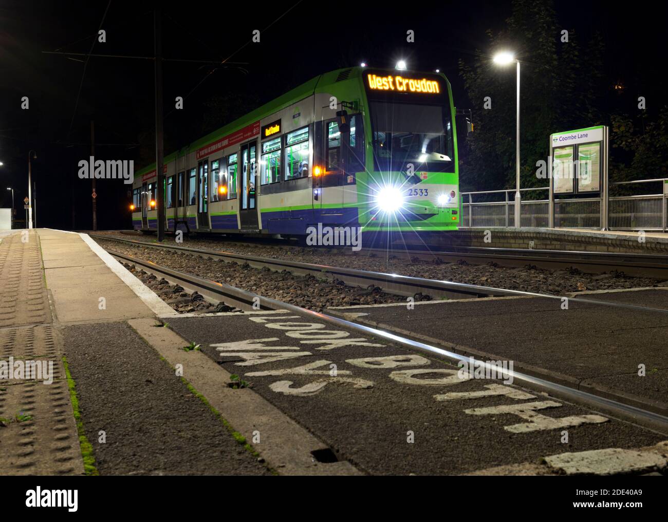 First London trams Croydon Tramlink Bombardier flexitiy swift CR4000 tram no 2533 at Coombe Lane tram stop, Croydon, London, New Addington branch Stock Photo