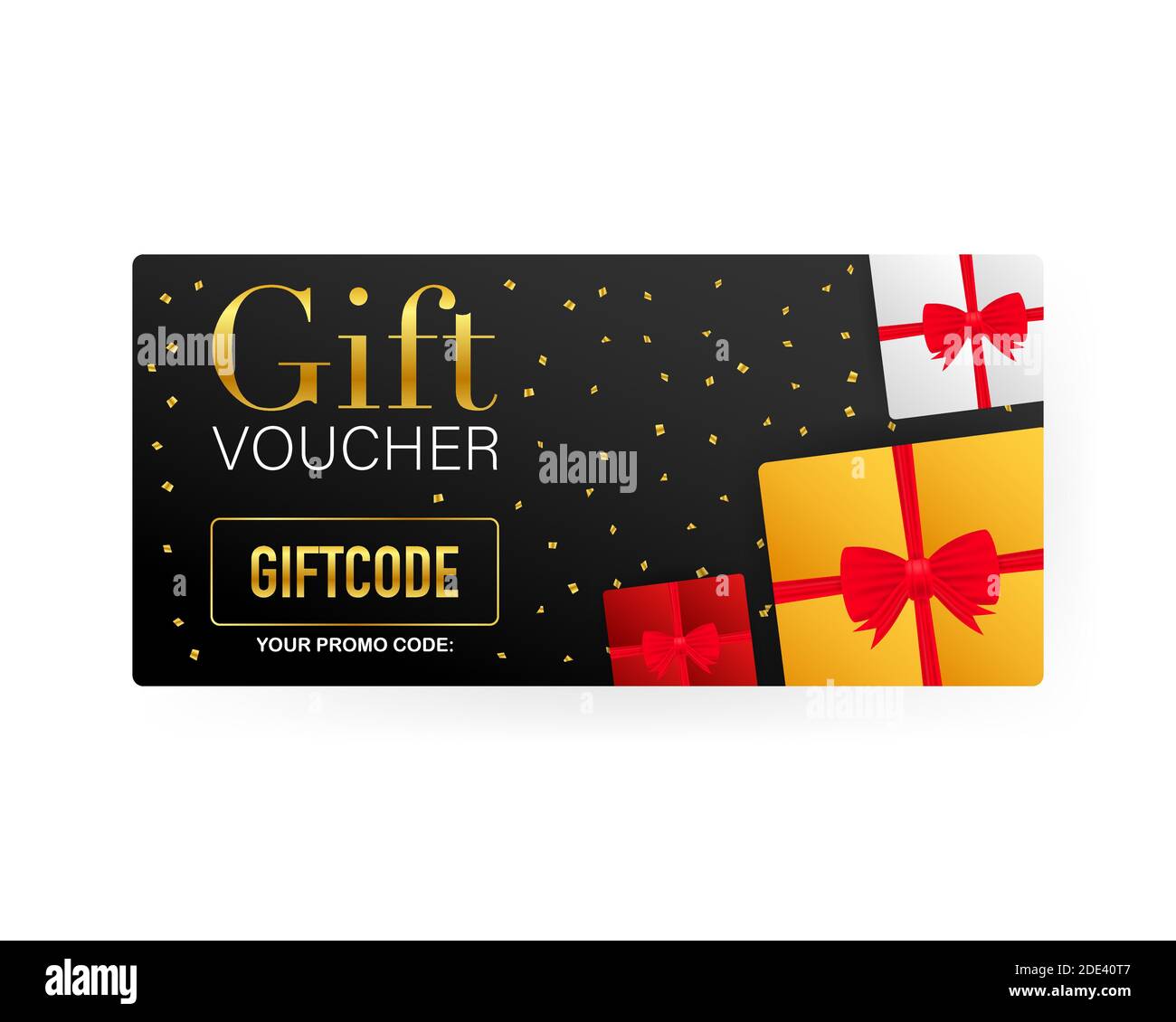 Template gold gift card. Promo code. Vector Gift Voucher with Coupon Code. Vector stock illustration. Stock Vector