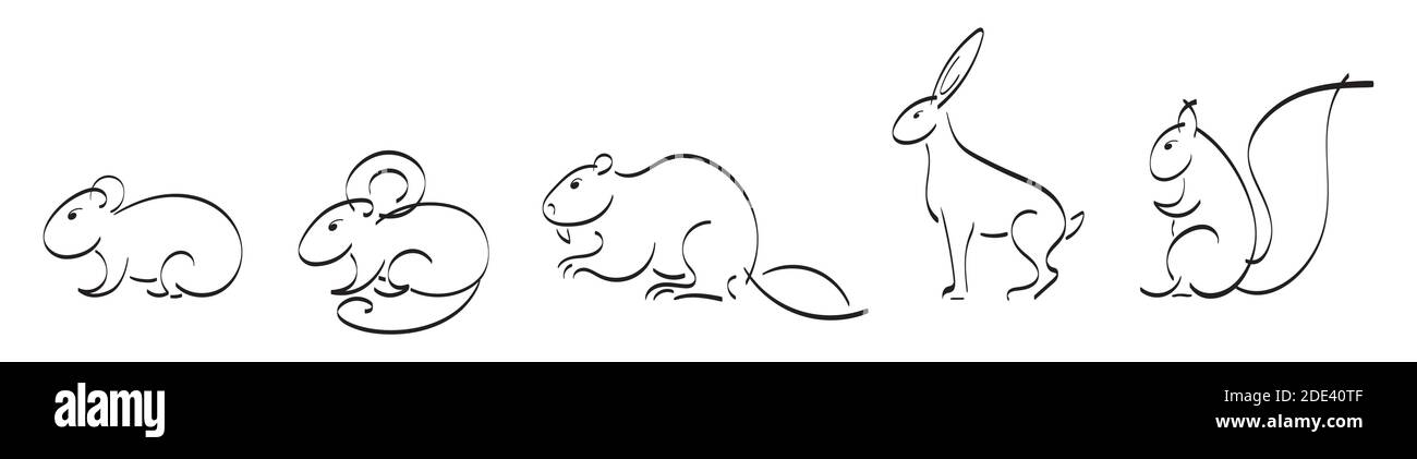Black outline set of squirrel, mouse, hamster, hare, rabbit, guinea pig, beaver Stock Vector