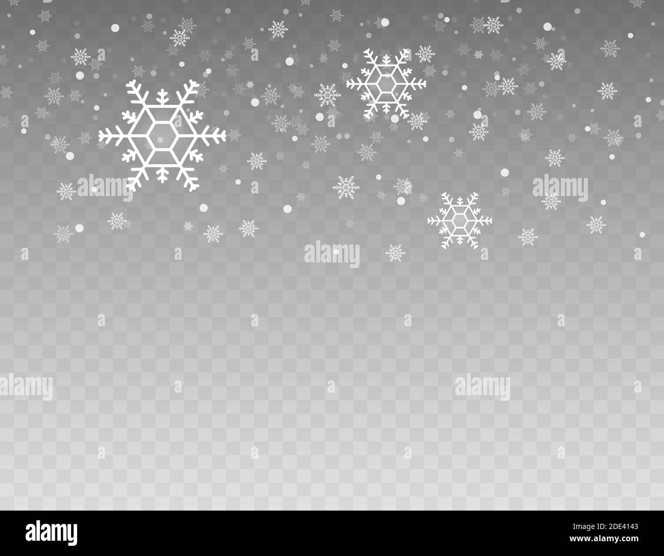 Many white cold flake elements on transparent background. Heavy snowfall, snowflakes in different shapes and forms. Vector stock illustration. Stock Vector