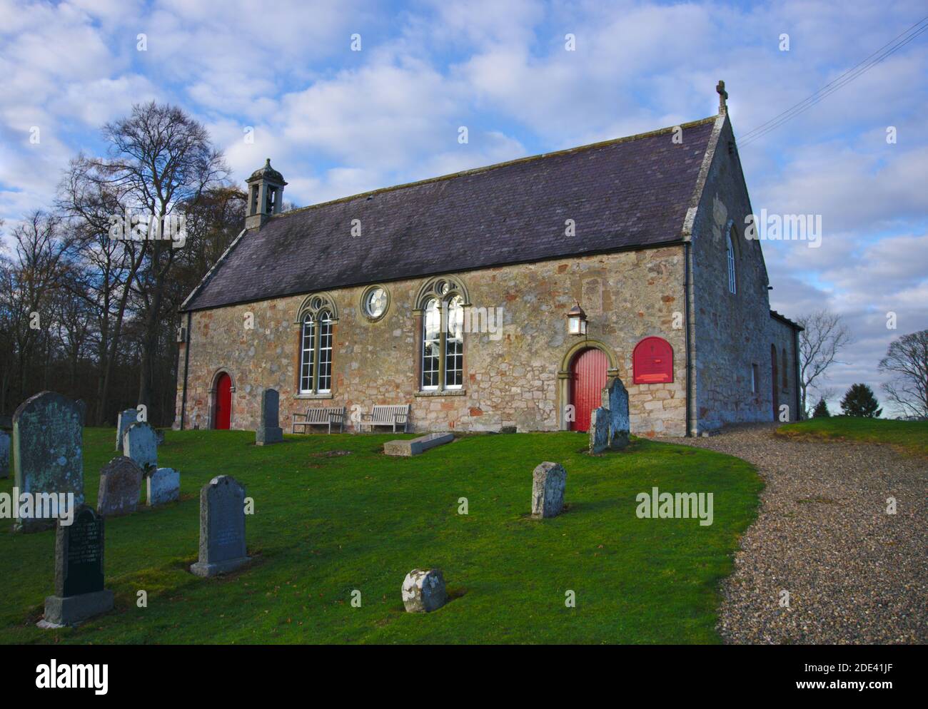 Grave stones in front of Maxton church, one of the 'four kirks on the Tweed', Roxburghshire, Scottish Borders, UK. Stock Photo