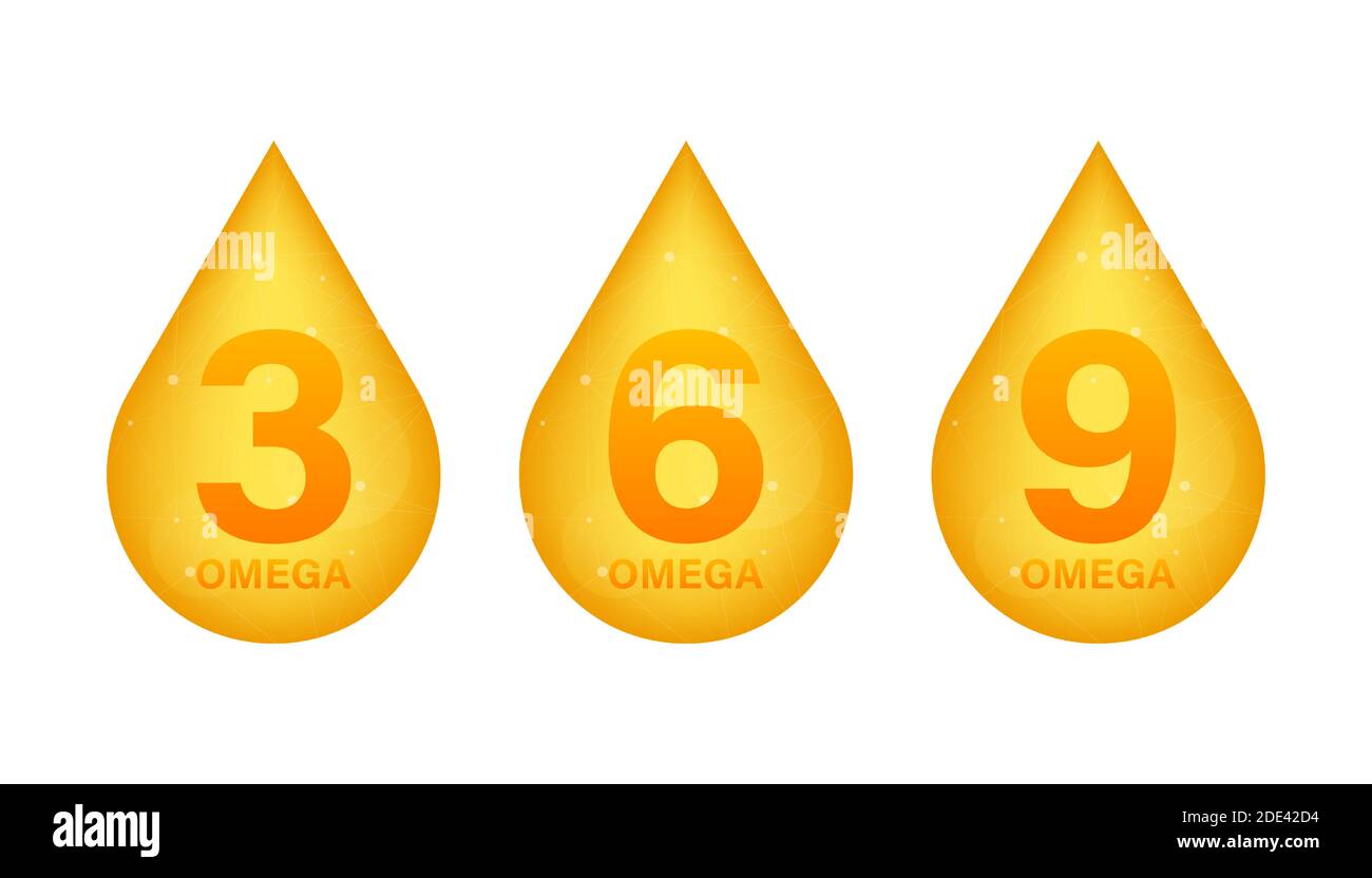 Omega 3, 6, 9, gold icon. Vitamin drop pill capsule. Shining golden