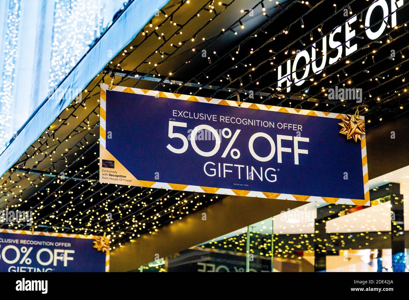 28 November 2020 - London, UK, Black Friday weekend, sale sign st House of Fraser department store on Oxford Street during coronavirus lockdown Stock Photo