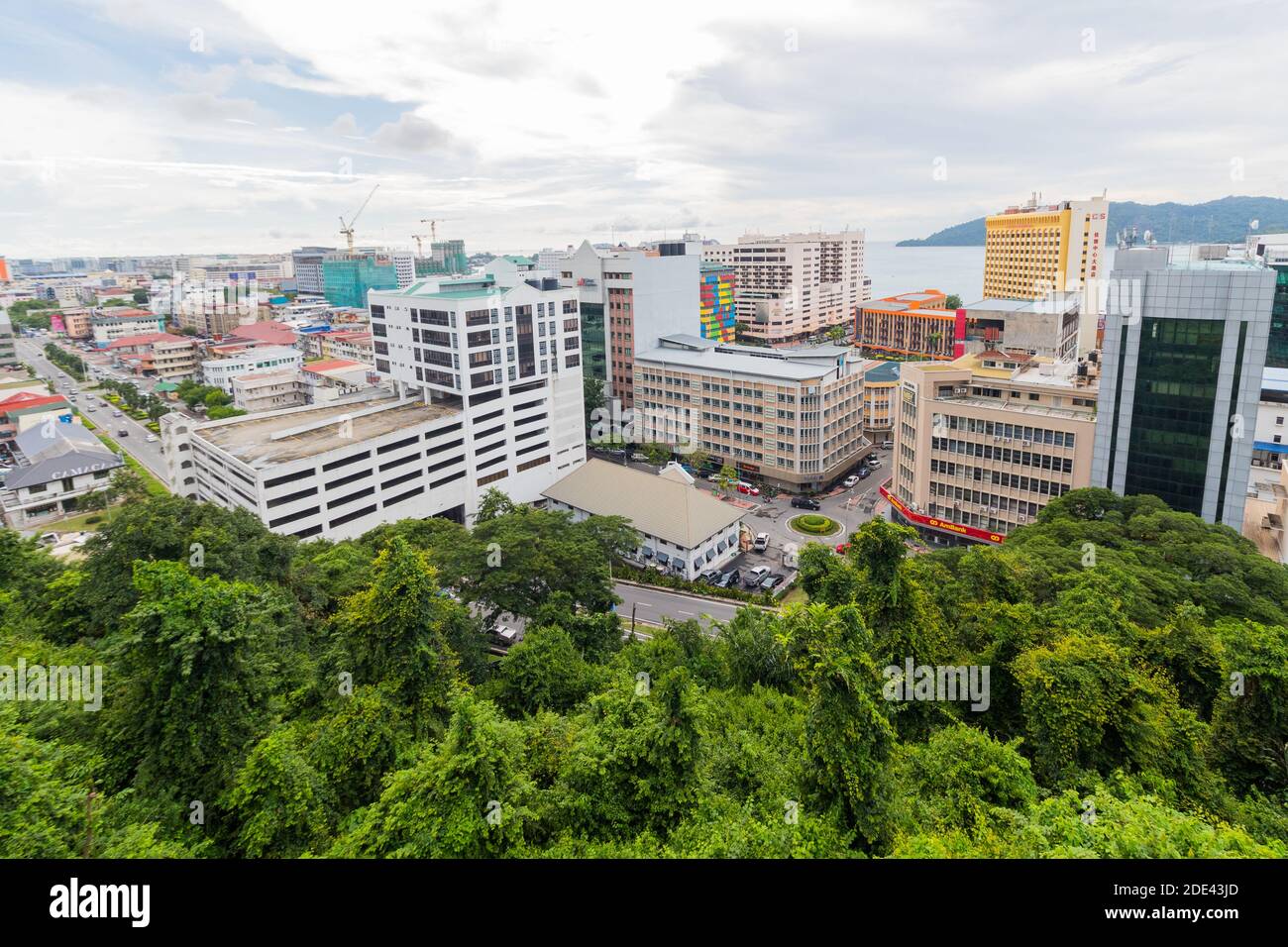 The urban skyline of Kota Kinabalu, a city in Sabah, Malaysia as seen from the lookout. Stock Photo