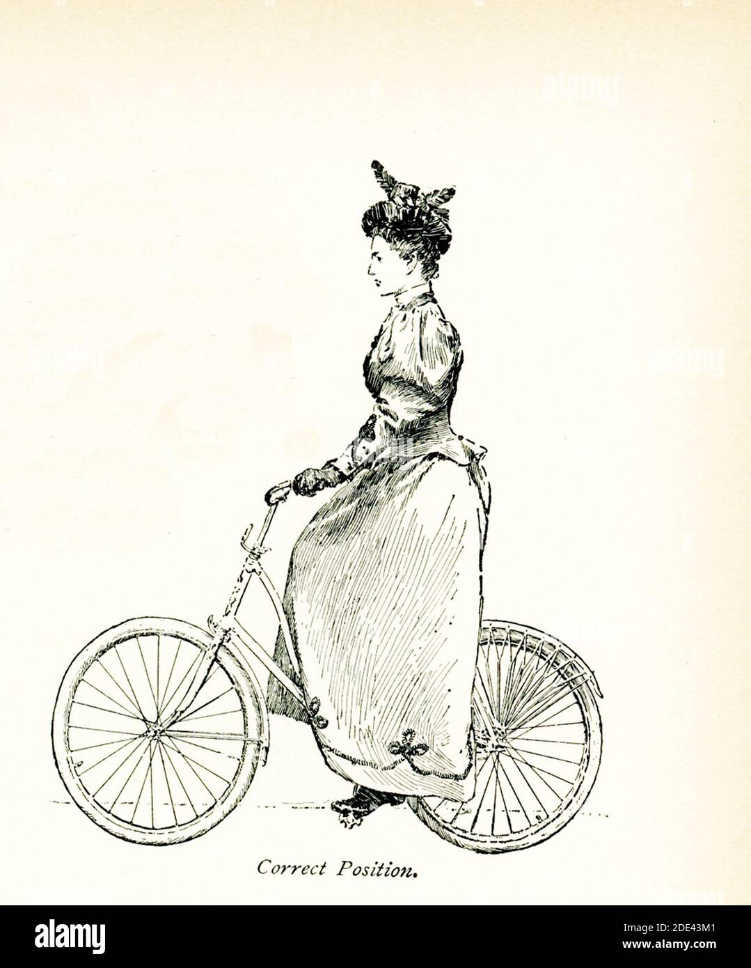 The 1897 caption for this illustration reads: The Wheel of Today— Woman on Bicycle – Correct Position Stock Photo