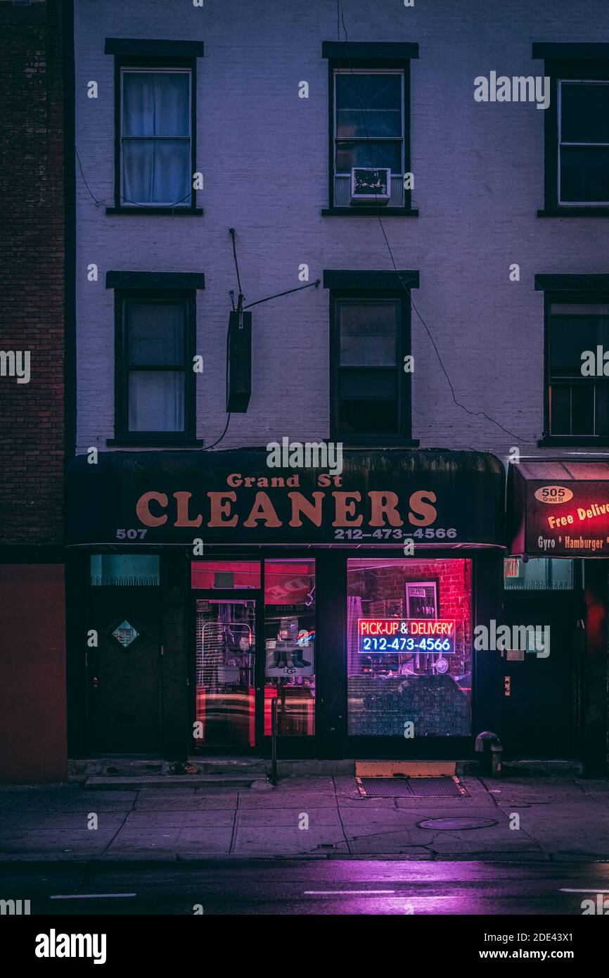 Grand Street Cleaners at night, in the Lower East Side, Manhattan, New