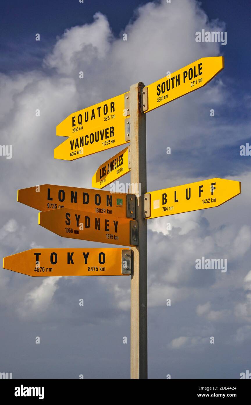 International sign post, Cape Reinga Lighthouse, Cape Reinga, Northland Region, North Island, New Zealand Stock Photo