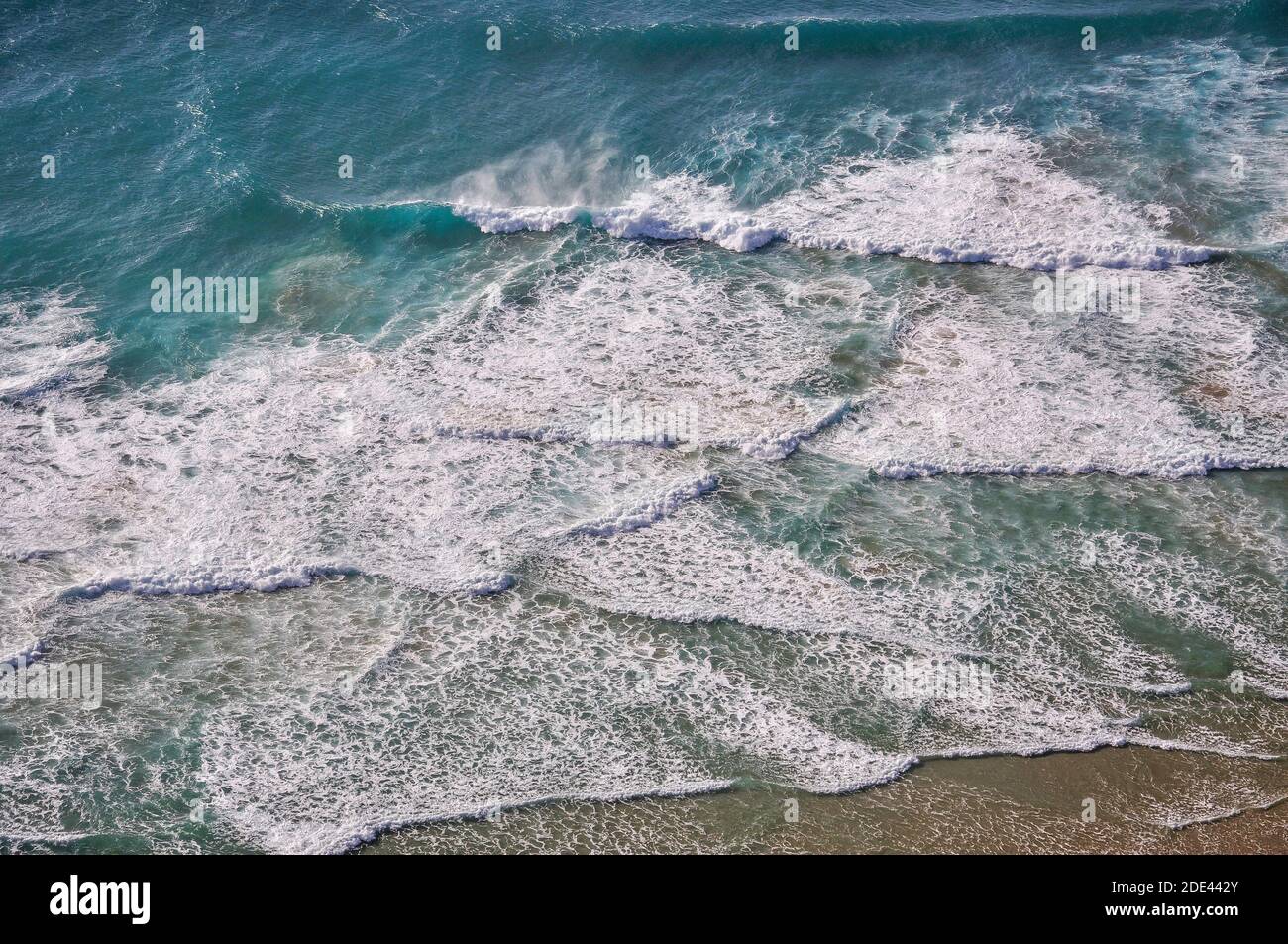 Aerial view of coastal waves, Cape Reinga, Northland Region, North Island, New Zealand Stock Photo