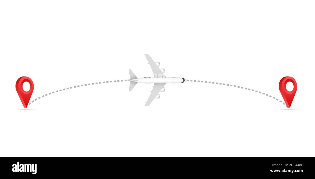 Airplane line path icon of air plane flight route with start point and ...