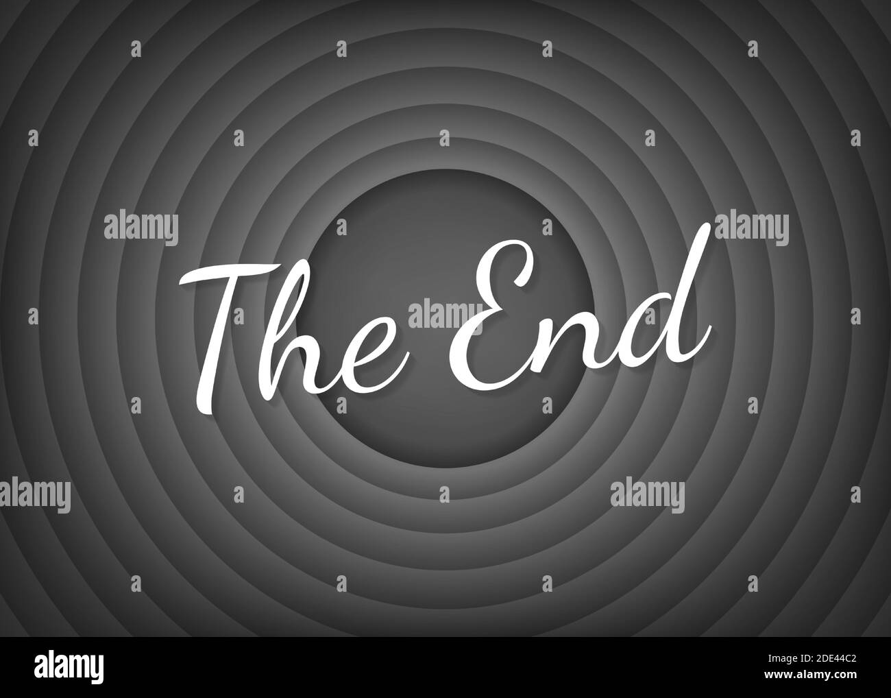 The End handwrite title on gray round background. Old movie circle ending screen. Vector stock illustration. Stock Vector
