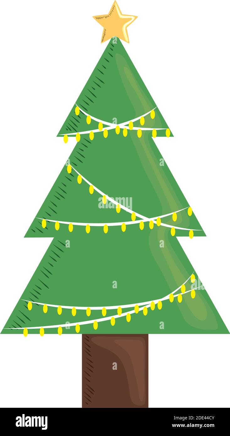 christmas tree golden star and lights decoration vector illustration ...