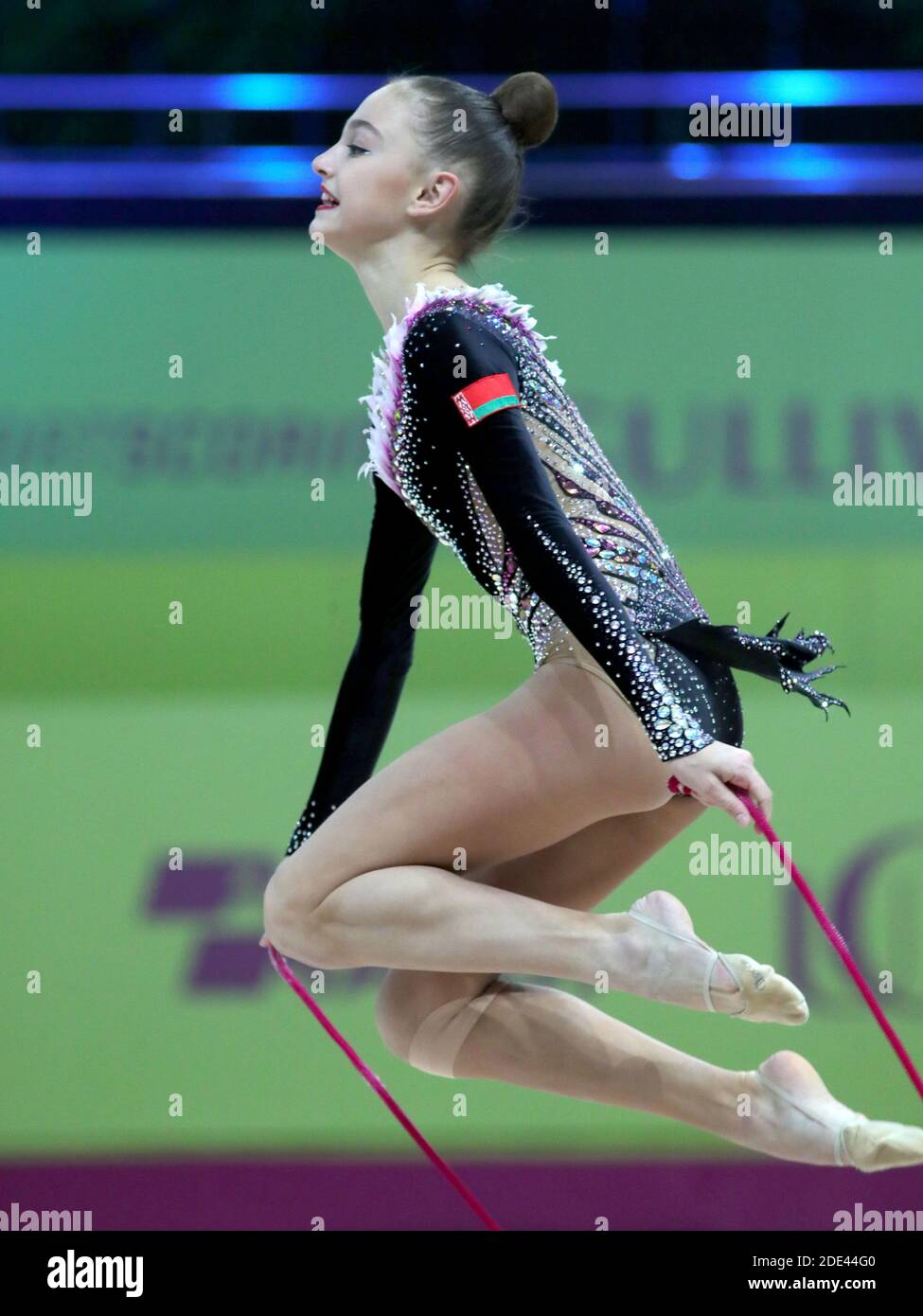 Non Exclusive: KYIV, UKRAINE - NOVEMBER 28, 2020 - Dina Agisheva of Belarus performs with the rope on Day Three of the 2020 European Championships in Stock Photo