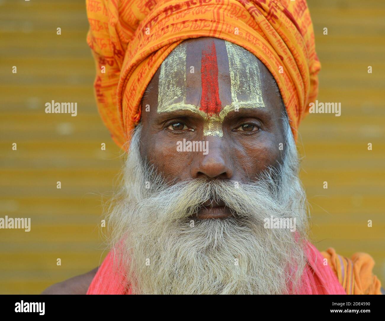 Stern looking serious Indian Vaishnavite Hindu sadhu with painted urdhva pundra on his forehead wears an orange turban and stares at the camera. Stock Photo