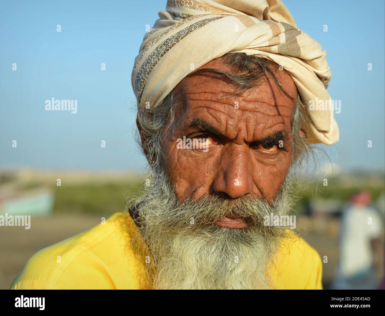 Stern-looking bearded turbaned old Indian man with lived-in face and deep wrinkles on his forehead stares at the camera. Stock Photo