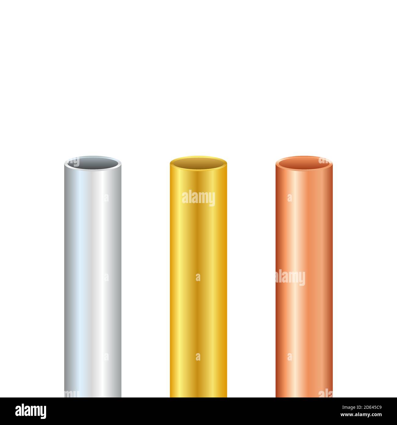 Pipe set. Steel, copper, gold Tubes. Steel or Aluminum, pipes of different diameters. Vector stock illustration Stock Vector
