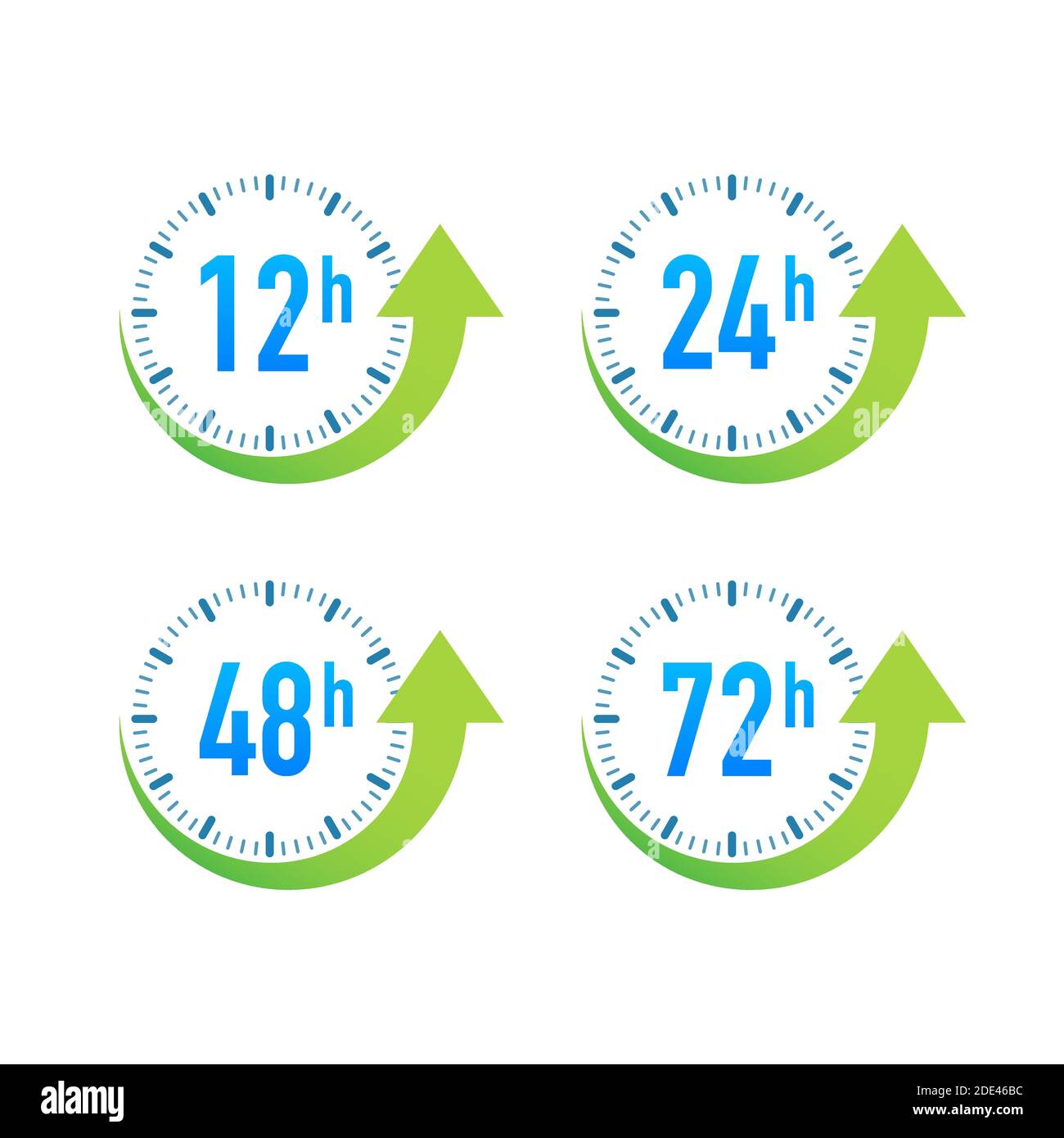 12, 24, 48, 72 hours clock arrow. Work time effect or delivery service time. Vector stock illustration. Stock Vector