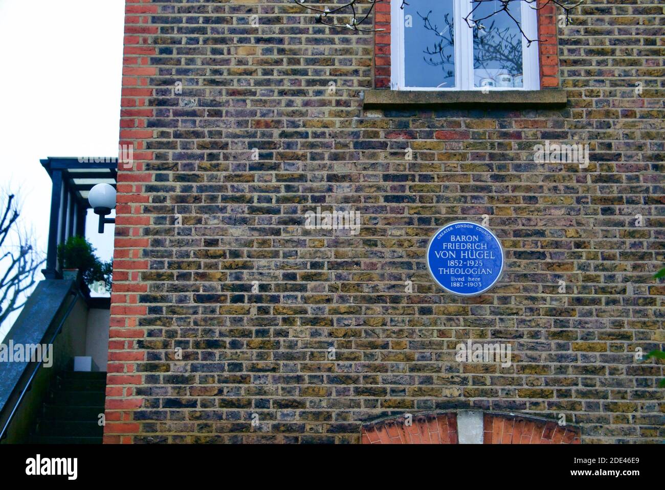 Baron Friedrich Von Hugel, a theologian, blue plaque depicting where he lived in Hampstead Village, London. Stock Photo
