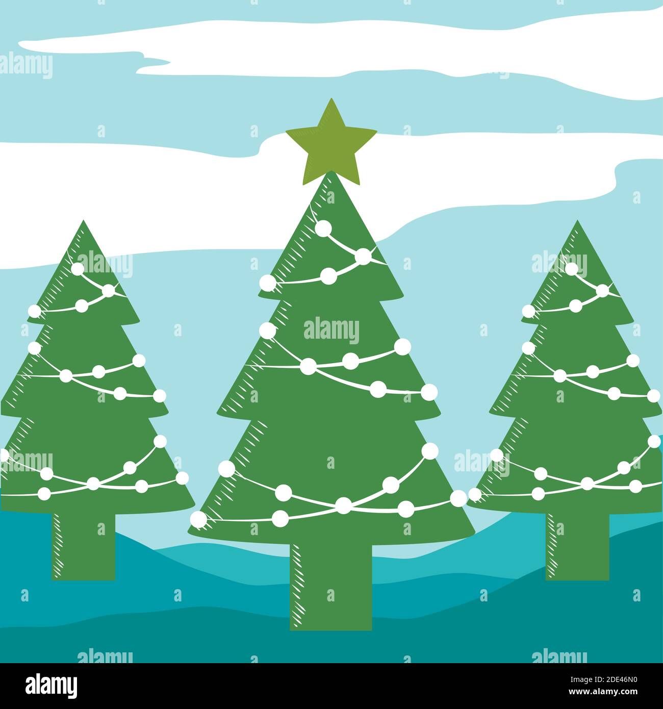 merry christmas trees with star and white balls decoration vector ...