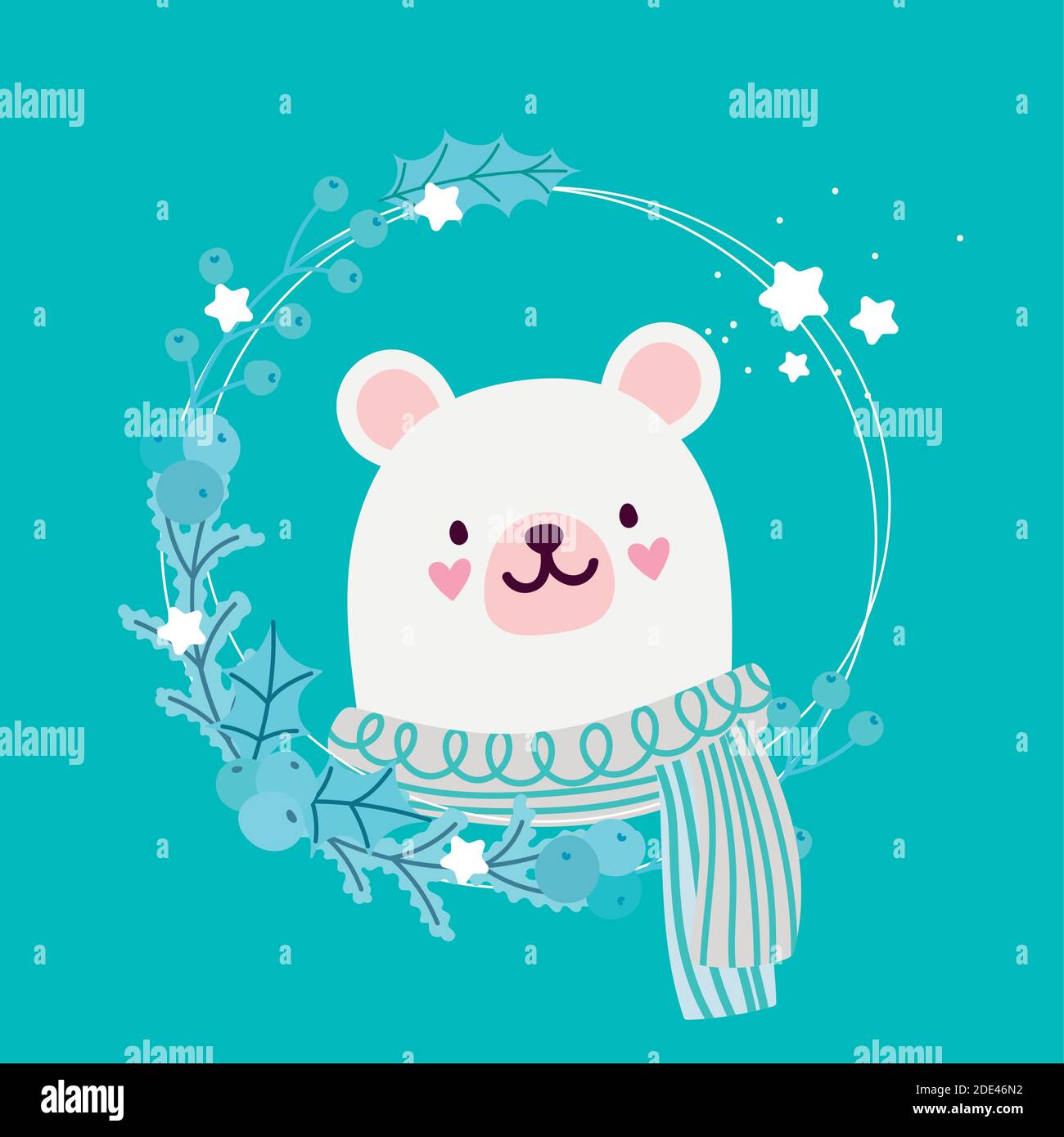 merry christmas cute polar bear with scarf wreath decoration vector ...
