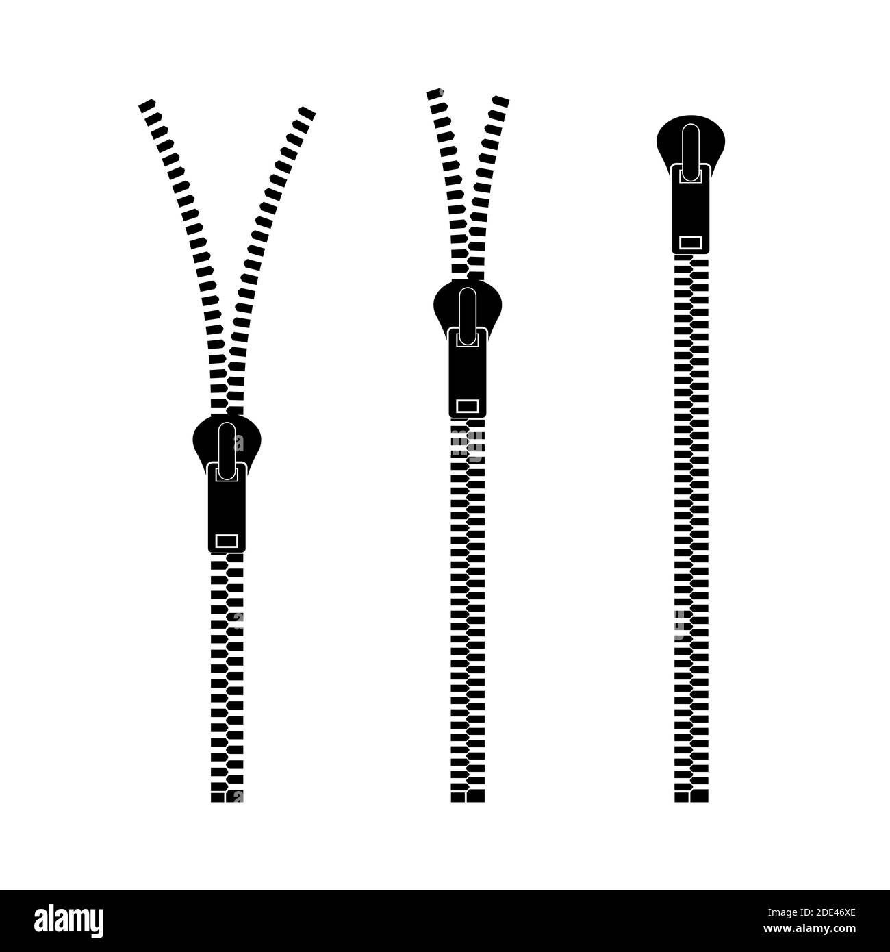 zippers type set fastener. Metallic closed and open zippers and pullers. Vector illustration. Stock Vector
