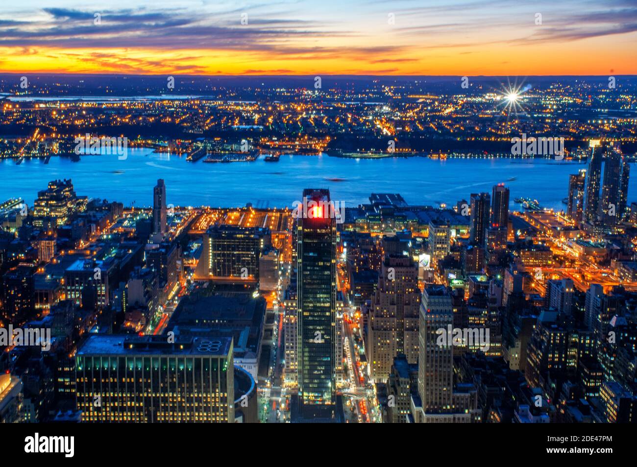 Aerial view of the Manhattan skyline and the Hudson River from the Empire State building. Views of Webser apartments and Pennsylvania Station and Huds Stock Photo