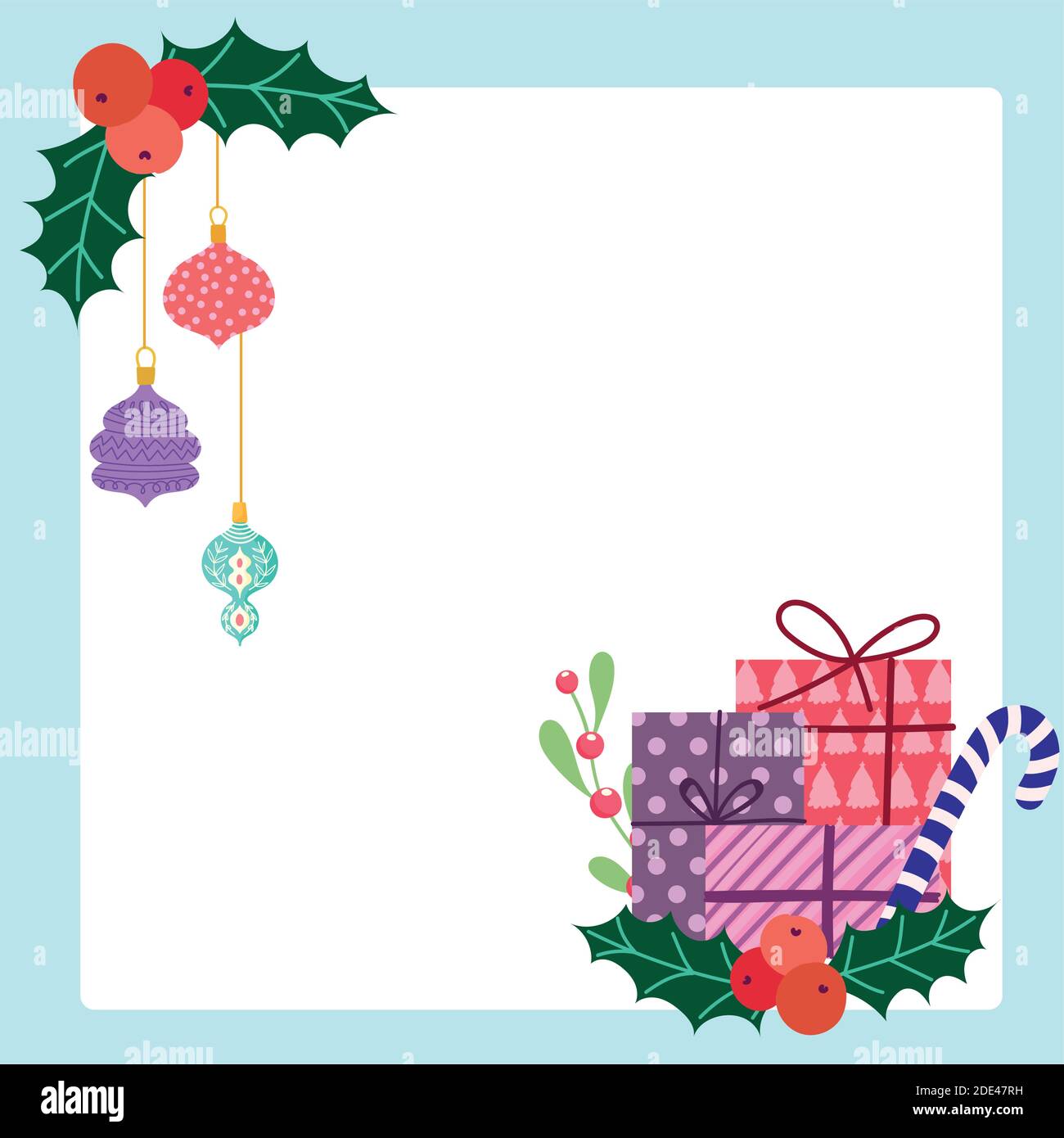 merry christmas gift boxes candy cane and hanging balls card vector ...