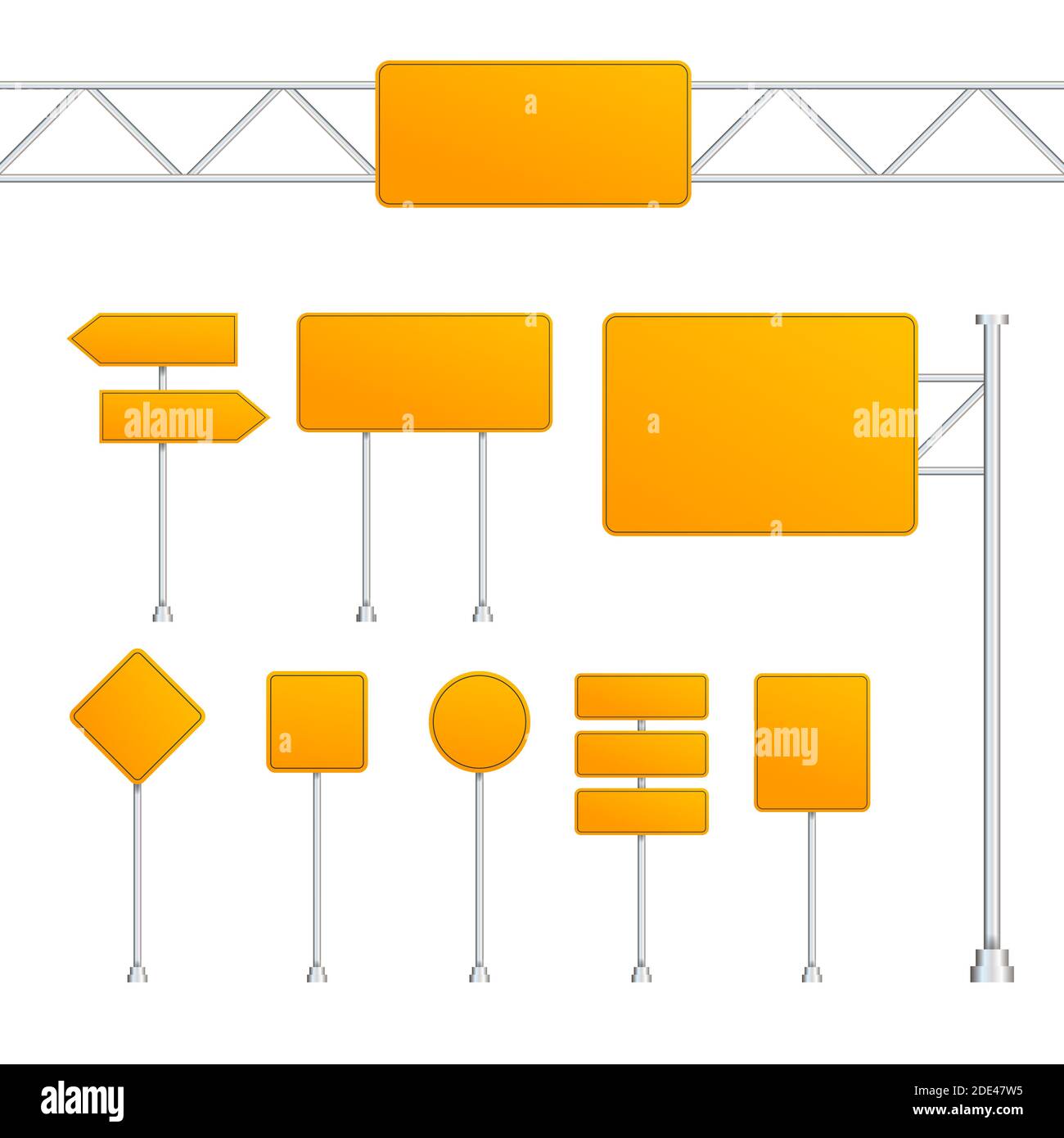 Set of yellow road signs isolated on white background. Vector stock illustration Stock Vector