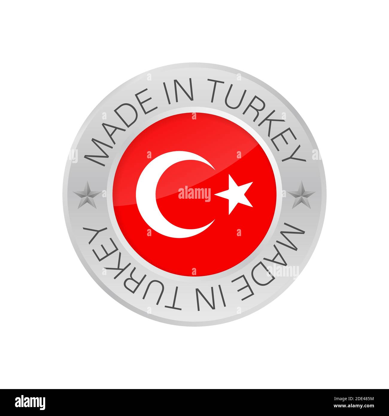 Glossy metal badge icon, made in Turkey with flag. Vector stock