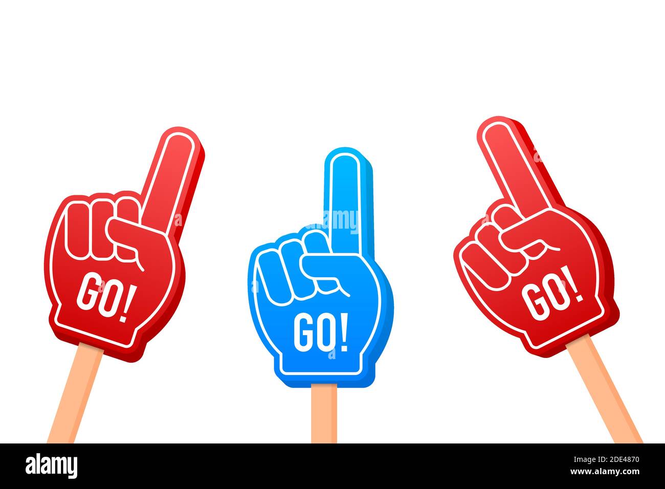 Cartoon Fan Foam Color Gloves on Hands. Hand up with Go. Vector stock