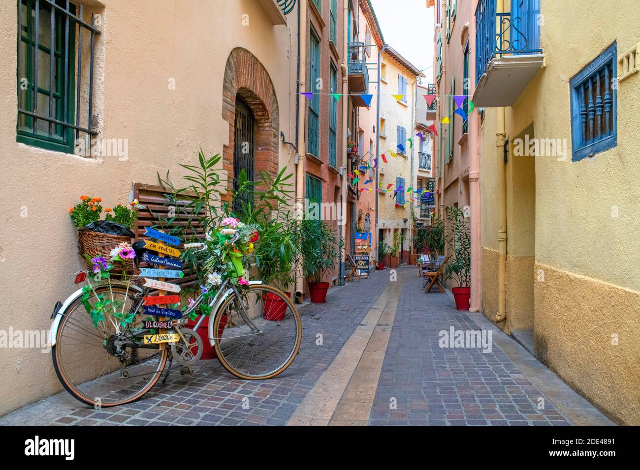 Street in the medieval town of Collioure in the south of France Languedoc-Roussillon Cote Vermeille Midi Pyrenees Occitanie Europe Stock Photo
