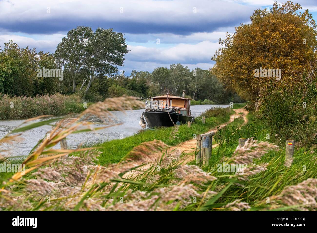The Canal du Midi, near Carcassonne, French department of Aude, Occitanie Region, Languedoc-Rousillon France. Boats moored on the tree lined canal. Stock Photo