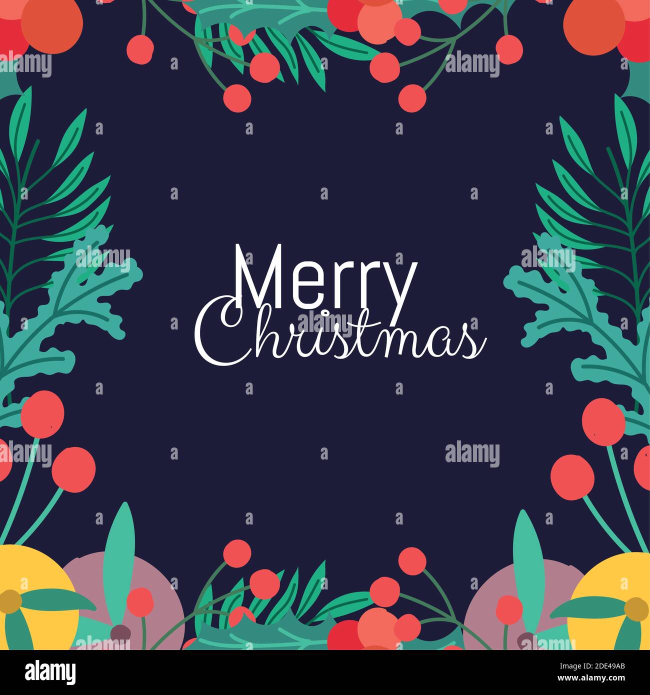 merry christmas greeting card lettering holly berry fruits frame vector ...