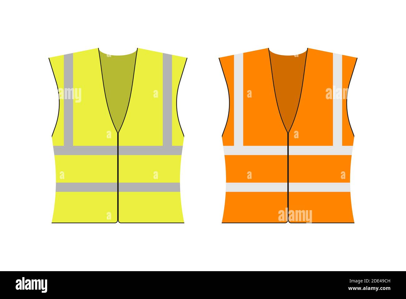Safety jacket security. Set of yellow and orange work uniform with reflective stripes. Vector stock illustration. Stock Vector