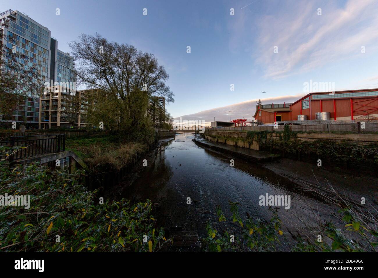 View of the Wandle towards it meeting the Thames, in Wandsworth, South-West London. Stock Photo