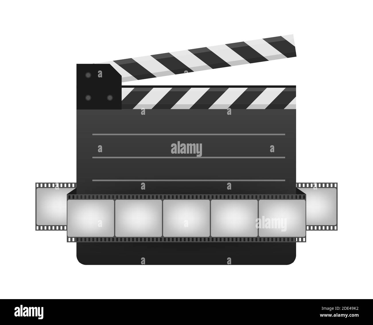 Black closed clapperboard and film strip. Black cinema slate board, device used in filmmaking and video production. Realistic vector stock Stock Vector