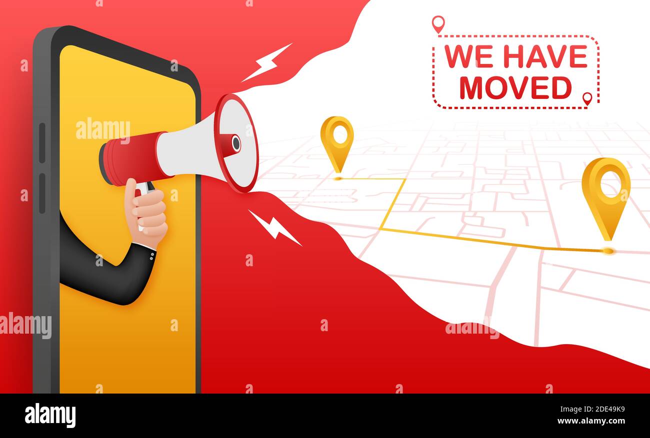 We have moved. Moving office sign. Clipart image isolated on red background. Vector stock illustration. Stock Vector