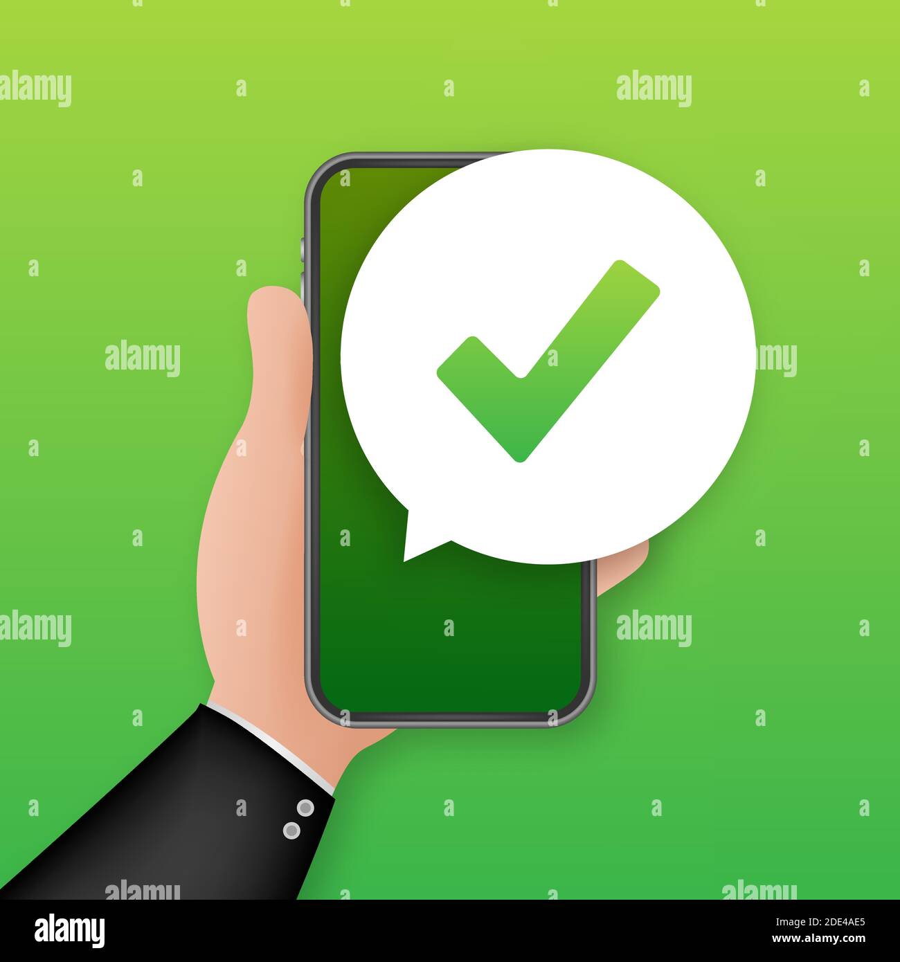Smartphone with checkmark or tick notification in bubble. Approved choice. Accept or approve checkmark. Vector stock illustration. Stock Vector