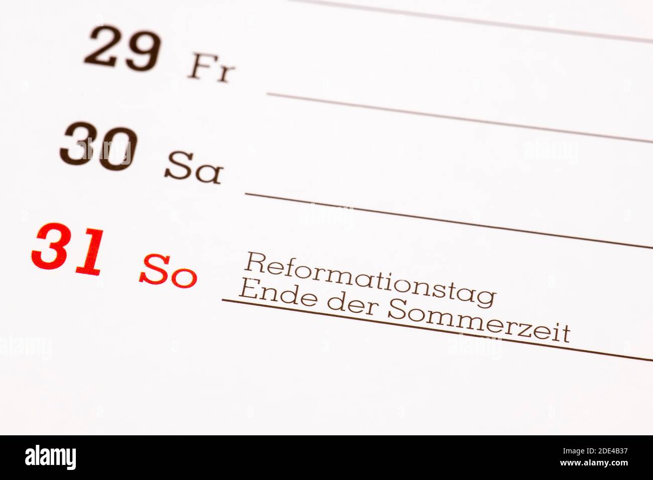 Appointment calendar, end of summer time, Reformation Day, Germany Stock Photo