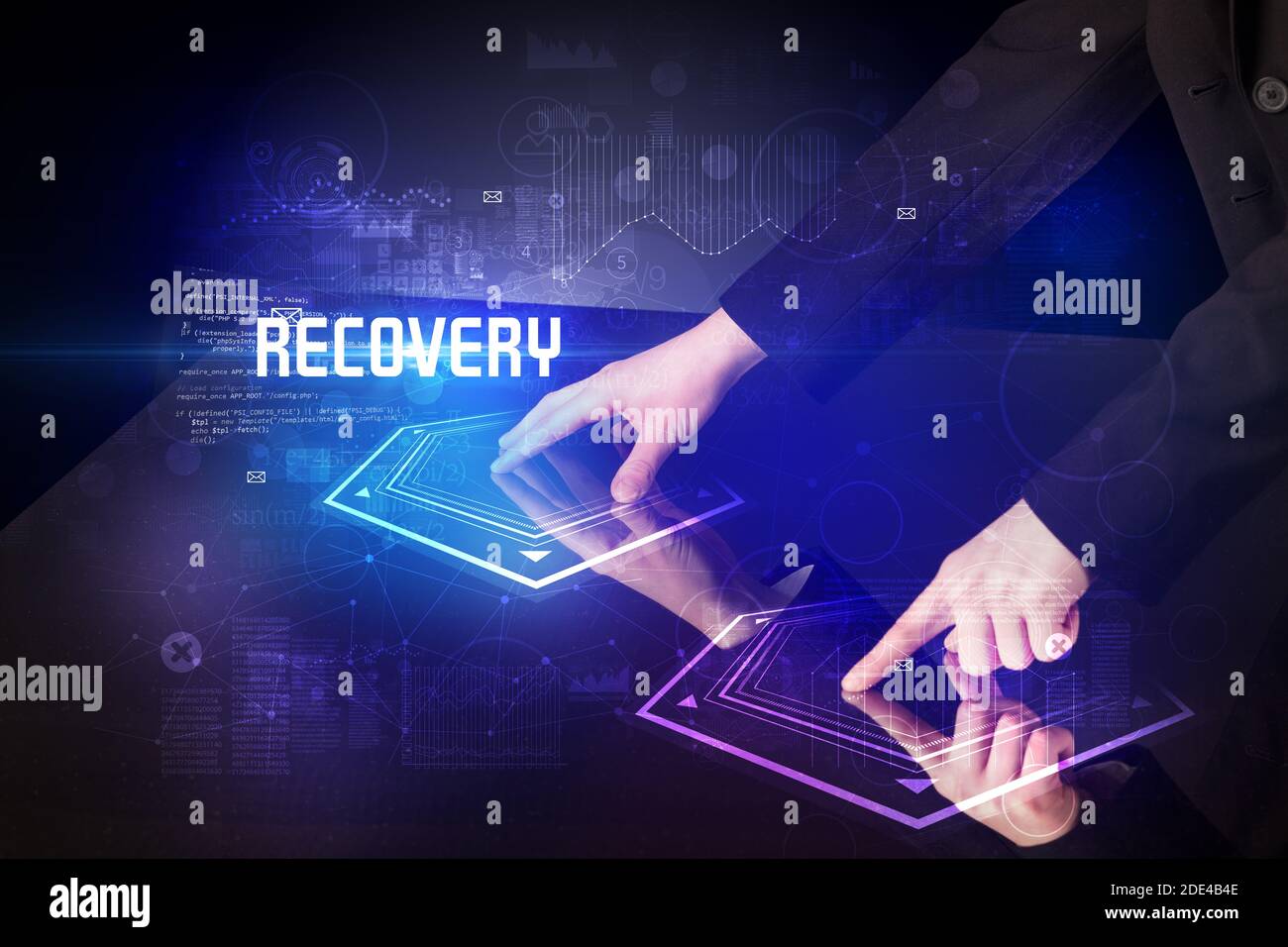 Hand touching digital table with RECOVERY inscription, new age security ...