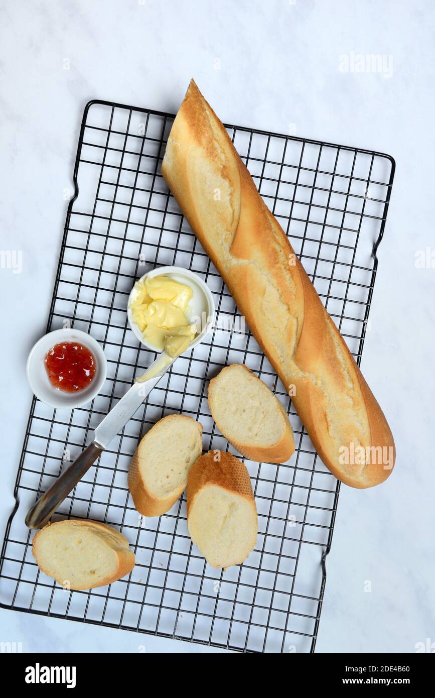 Baguette, baguette slices, butter and jam, Germany Stock Photo Alamy